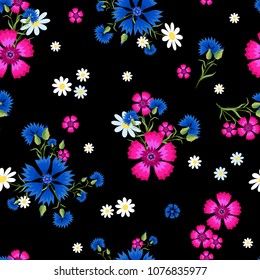 Seamless pattern with  small and big white daisies,pink carnation and blue cornflowers on a black background. Wild, flowers. Summer vector illustration.Print for fabric,textile,wrapping paper.