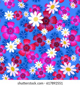 Seamless pattern with  small and big white daisies,pink carnation and blue cornflowers on a blue  background. Wild, flowers.Summer vector illustration.Print for fabric,textile,wrapping paper.
