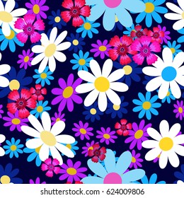 Seamless pattern with  small and big white and blue daisies,pink carnation   on a dark background. Wildflowers. Summer vector illustration.Print for fabric,textile,wrapping paper.
