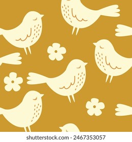Seamless pattern with small birds and flowers on yellow background.