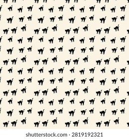 A seamless pattern of small black cat silhouettes on a cream-colored background, featuring various cat poses and movements.