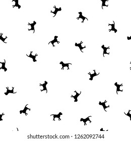 Seamless pattern small black dogs silhouettes isolated on white background. Cute puppies pets drawn simple print, animals kid style motif for wallpaper or fabric cloth, vector repeat design eps 10