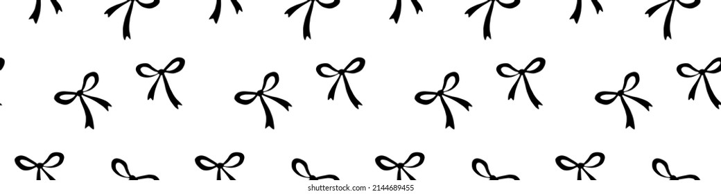 Seamless pattern with small black flat bows, ribbons. Cute fun simple abstract vector background, texture for fabric, wrapping paper, girls design