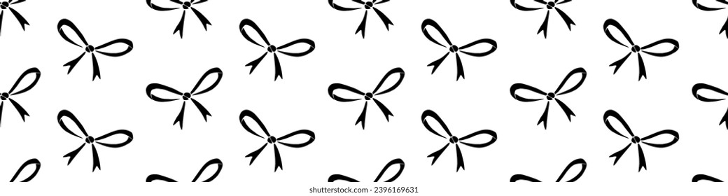 Seamless pattern with small black flat bows, ribbons. Cute fun simple abstract vector background, texture for fabric, wrapping paper, girls design