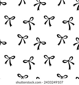 Seamless pattern with small black flat bows, ribbons. Cute fun simple abstract vector background, texture for fabric, wrapping paper, girls design