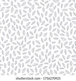Seamless pattern of small black leaves on white background.