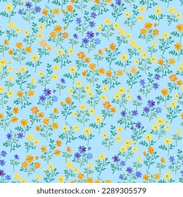 Seamless pattern with small blooming yellow, orange, blue flowers on a turquoise background.