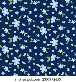 Patrón sin foco de flores azules pequeñas y hojas verdes sobre fondo marino. Impresión floral