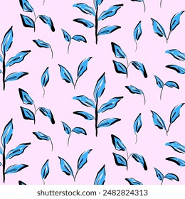 Seamless pattern with small blue leaves and delicate branches, drawn in sketch style. Twigs and foliage on a pink background. Perfect for natural and botanical themes, textiles, eco-friendly designs