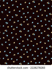 Seamless pattern with small blue and yellow flowers. Summer and spring motifs on black background. Vector illustration.