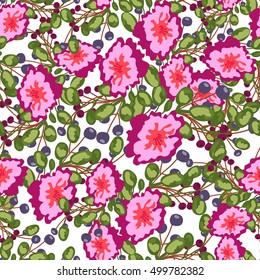 Seamless pattern of small bouquets pink flowers , blue berries and green leaves.  vector print on white background.