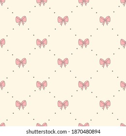 Seamless pattern with small bows. Classic pattern pink bows light background. Nice, funny drawing. Vector.