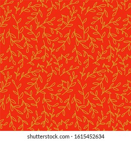 Seamless pattern of small branches with leaves on a red background. Packaging for the holiday, new year, Christmas, Valentine's day. Nice illustration. Vector illustration