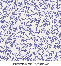 Seamless pattern with small branches, twigs. The colors of the 2022 year Very Peri, blue a violet-red undertone background.