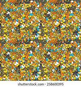 Seamless pattern of small bright colorful flowers. Illustration of yellow, blue, turquoise plants. Can be used for gift wrapping paper, birthday, mother's day.