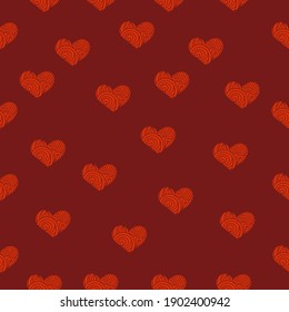 Seamless pattern with small bright pink hearts on a dark red background, wrinkled hearts illustration for decor 