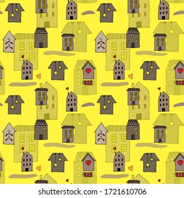 Seamless pattern of small brown houses. Doodle style seamless texture. Swatch of fantasy urban landscape. Stock vector illustration on yellow background.