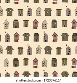 Patrón sin inconvenientes de pequeñas casas marrones. Textura perfecta al estilo Doodle. Espectáculo de fantástico paisaje urbano. Ilustración vectorial en fondo amarillo.