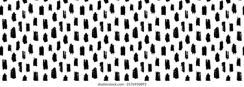 Seamless pattern of small brushstroke dashes, hand drawn in black and white. Minimalistic vector and modern, ideal for backgrounds, packaging, textiles, stationery, web design, and creative projects