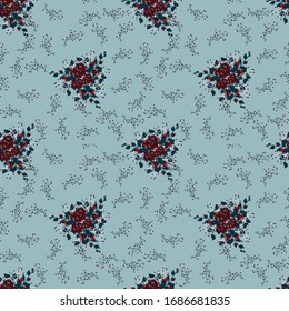Patrón sin inconvenientes con pequeñas rosas y bayas burdeos sobre un fondo claro. Textura vectorial en azul gris, burdeos, azul y blanco.
Impresión para textiles, tejidos, fondos, accesorios, paños de envoltura