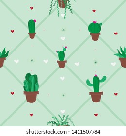 seamless pattern with small cactus ,heart and star ,design by summer green colors concept