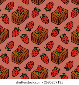 Patrón sin fisuras con Pequeños pasteles y fresas sobre fondo rosa. Imagen de Vector.