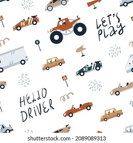 Seamless pattern small cars and road signs isolated on white background, flat style. Cute print, fabric, wallpaper. Vector cartoon illustration