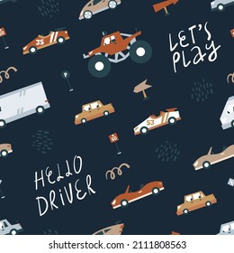 Seamless pattern small cars traffic isolated on dark background, flat style. Cute print, fabric, wallpaper. Vector cartoon illustration