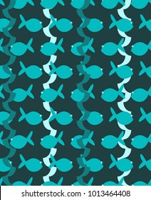 Seamless pattern with small cartoon fishes in the sea among algae in blue colors. Vector illustration.