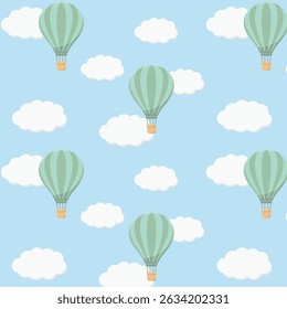 Padrão contínuo de pequenos balões de ar quente de desenho animado voando nas nuvens sobre um fundo azul, ilustração vetorial.