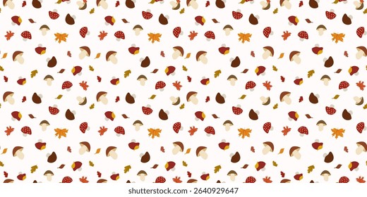 Seamless pattern of small cartoon mushrooms and autumn leaves in various fall colors on a light background. Ideal for whimsical seasonal designs, forest themes and cozy fall-inspired kitchen textile.