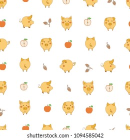Seamless pattern with small cartoon yellow pigs, red apples and acorns on white background. Vector illustration. 