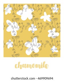 Seamless pattern with small chamomiles on a yellow background. Medical plants. Vector illustration