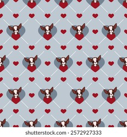 Seamless pattern of small chihuahua dogs with hearts on a blue and gray background