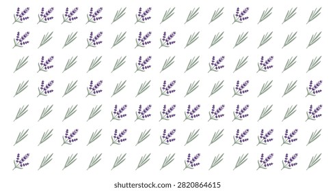 seamless pattern of small clustered purple lavender flowers and green grass blades arranged on white background for decorative textile or wallpaper
