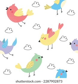 Patrón sin foco con aves coloridas. Primavera adorables pájaros con mejillas rojas. Ilustración vectorial de aves para postales, afiches, carteles.