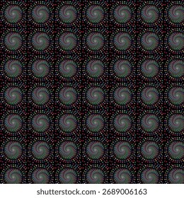 A seamless pattern of small, colorful dotted spirals arranged in a grid on a black background.
