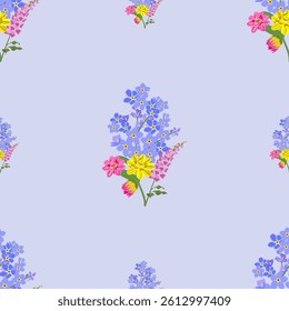 A seamless pattern of small, colorful flower bouquets on a light blue background. the vibrant colors and cheerful vibe suitable for textile, fashion,spring-themed designs.