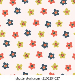 Patrón sin foco con flores coloridas pequeñas al estilo Ditsy. Retro 60, 70 diseño para envoltura de regalo, textil, decoración casera