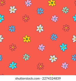Seamless pattern with small colorful flowers in retro style. Retro 60s, 70s design for gift wrap, textile, home decor