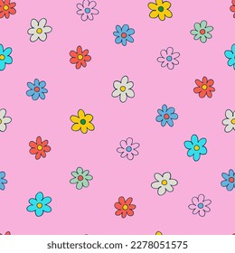 Seamless pattern with small colorful flowers in retro style. Retro 60s, 70s design for gift wrap, textile, home decor