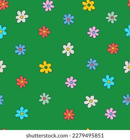 Seamless pattern with small colorful flowers in retro style. Retro 60s, 70s design for gift wrap, textile, home decor