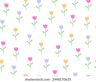 Seamless pattern with small colorful flowers, tulips. Simple minimalistic pattern. Wrapping paper, fabric, design for Valentine's Day, Birthday, 8 march, easter.