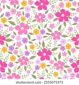 Seamless pattern with small colorful flowers on white background. Hand drawn floral pattern for your fabric, summer background, wallpaper, backdrop, textile. Vector illustration