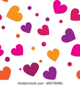 Seamless pattern with small colorful hearts and dots on a white background. Vector repeating texture. Perfect for printing on fabric or paper.