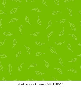 Seamless pattern with small contour leaves on green background. Natural organic texture. Bay leaves.