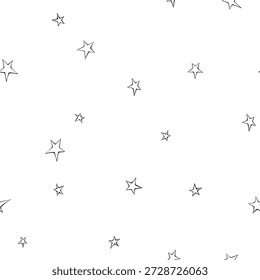 Nahtloses Muster aus kleinen Sternen mit Kontur im Doodle-Stil. Einfache Hintergrund und Textur zum Thema Nachthimmel, Raum, Astronomie, Kinderdesign
