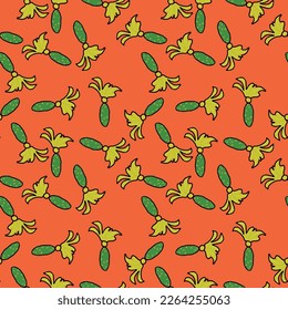 Seamless pattern of small cucumbers with flowers on a red background