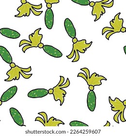 Seamless pattern of small cucumbers with flowers on a transparent background
