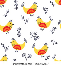 Seamless pattern with small cute birds, flowers and plants . Hand drawn, children's pattern for fabric, packaging, Wallpaper, clothing and other surfaces. Vector illustration